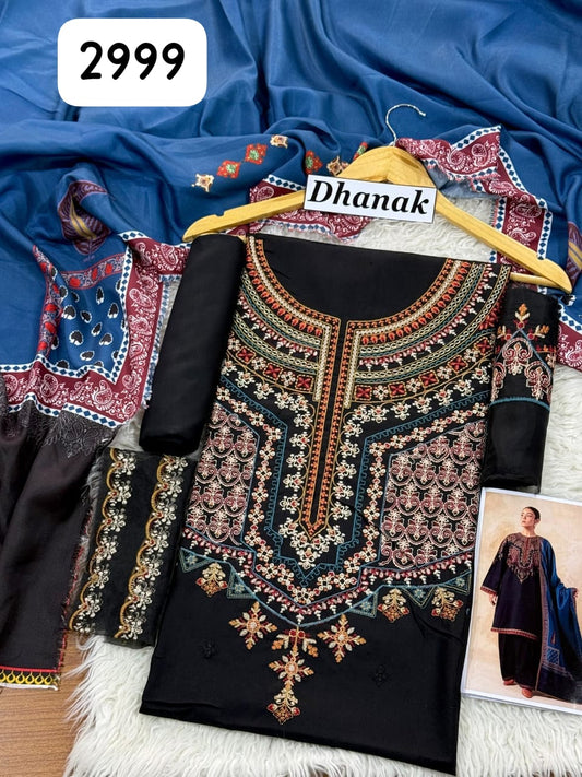 Zara Shahjahan Dhanak 3 Pc Heavy Embroidery with wool Shawl