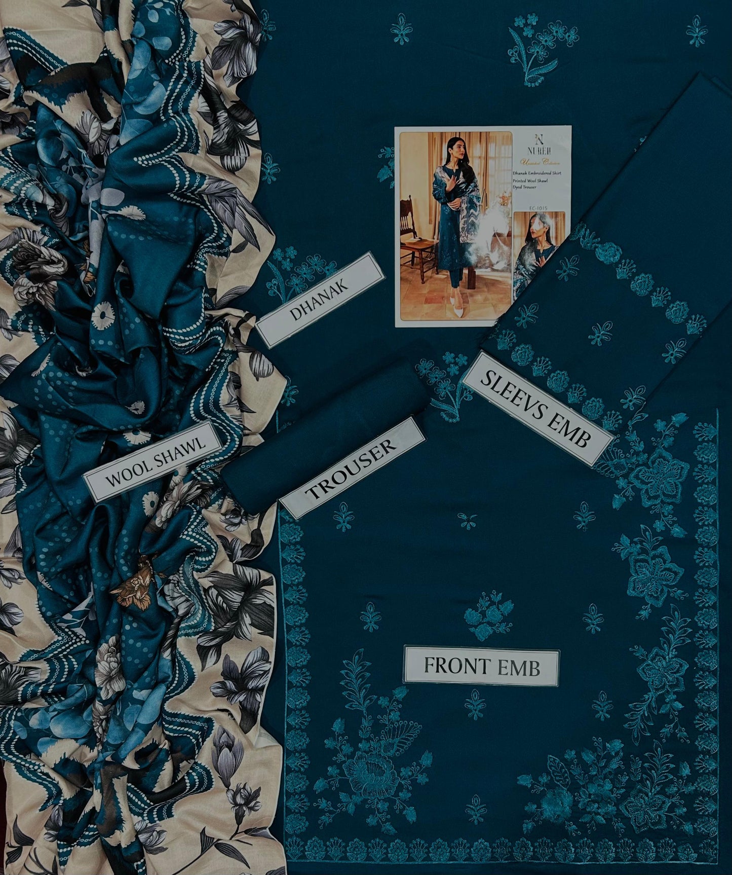 NUREH 3 Piece Dhanak Marina with Printed wool Shawl