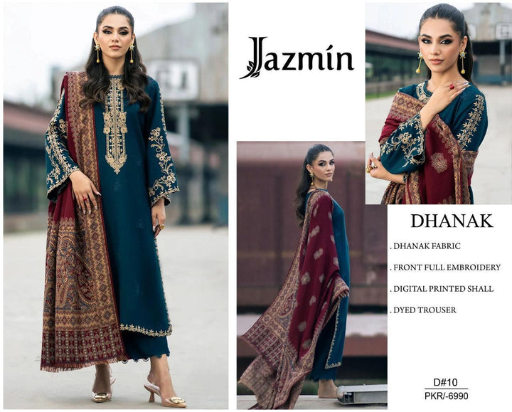 Jazmin Dhanak 3 Pc Embroidery with wool shawl