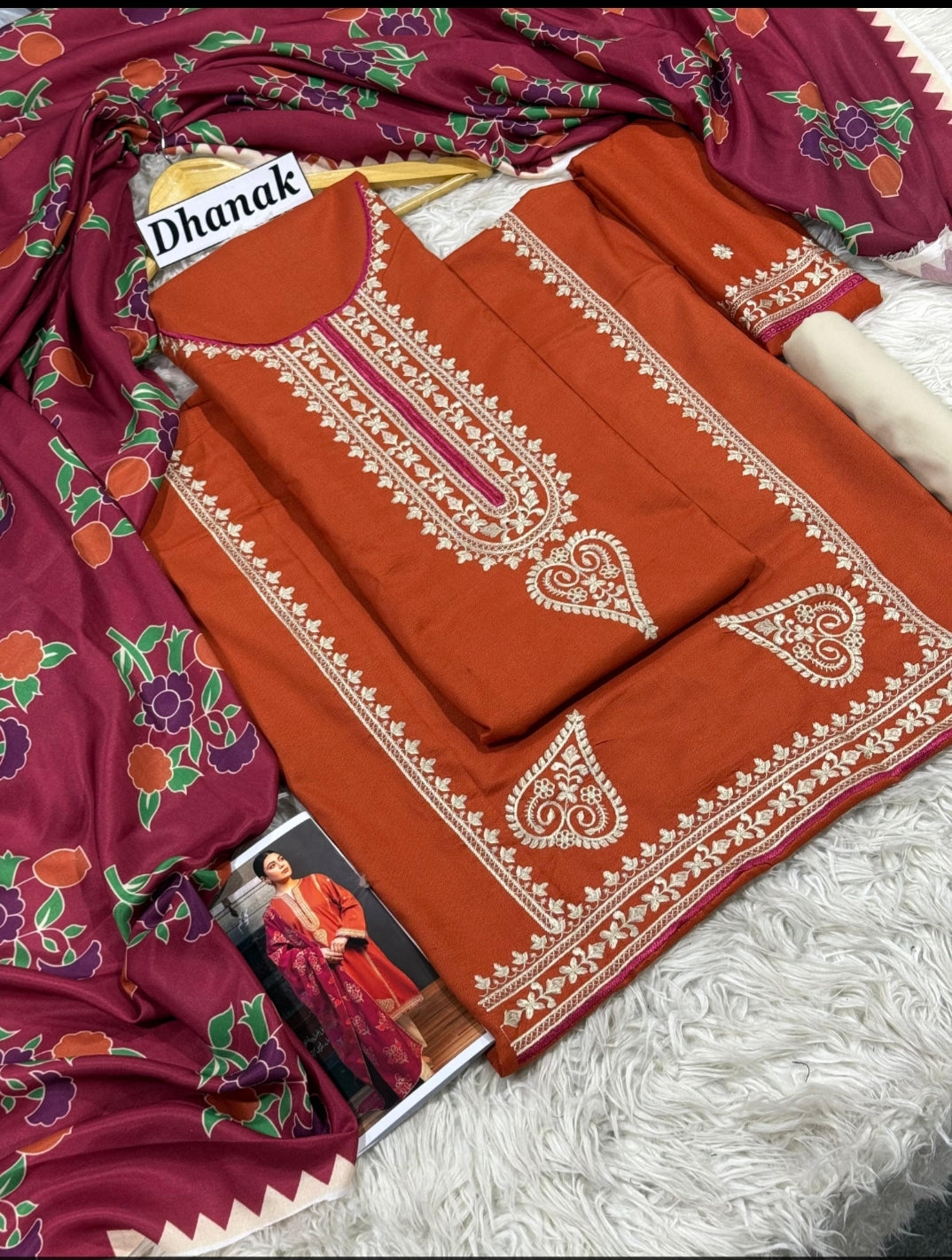 Kokum By Zara Shahjahan 3 Piece Dhanak Marina with Printed wool Shawl