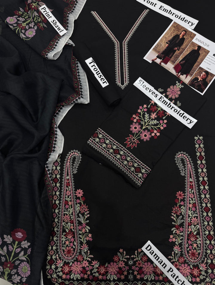 Baroque-Lawn 3 PC Embroidery with swiss bana Dora voil digital print Duppata