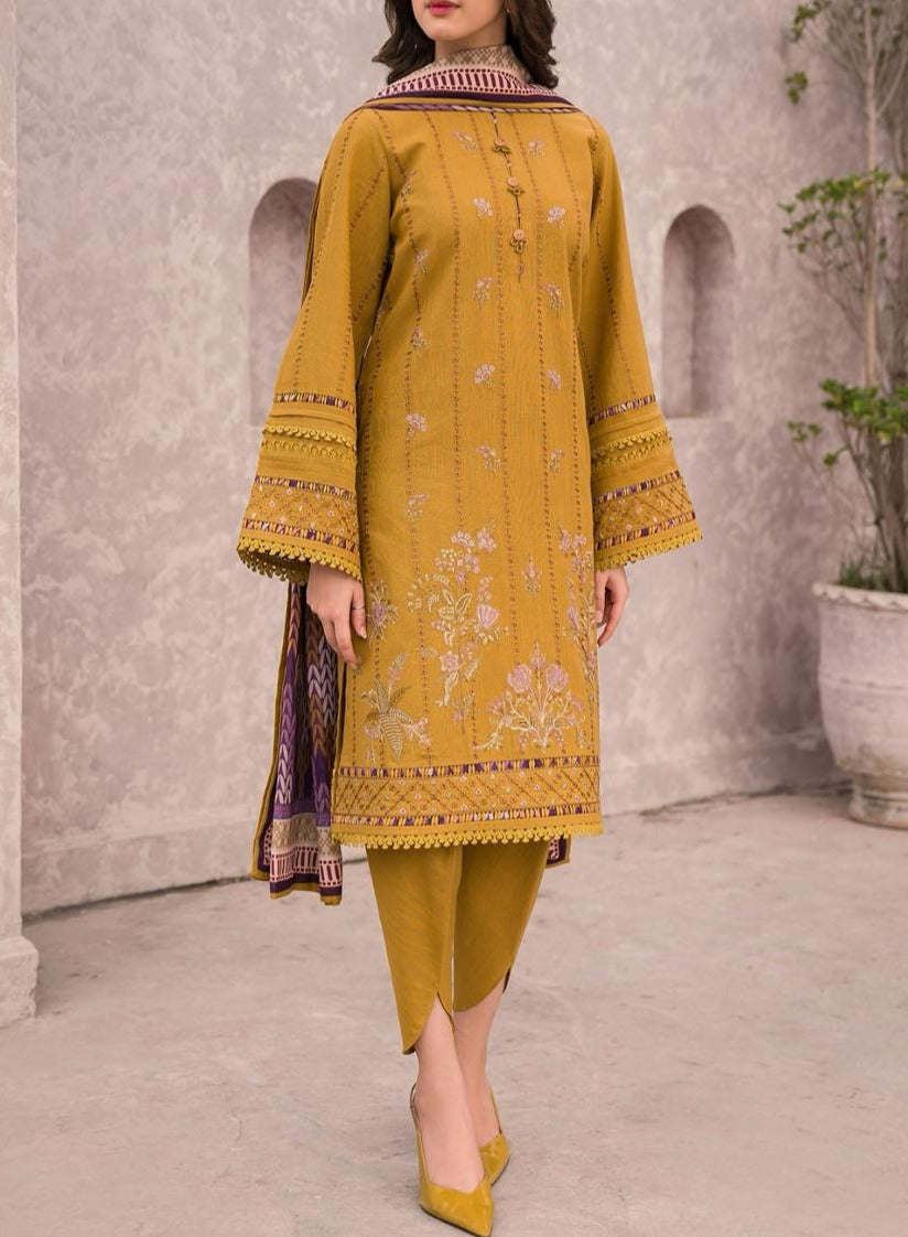 ZARA SHAHJAHAN - 3PC DHANAK EMBROIDERED SHIRT WITH TWILL PRINTED SHAWL AND TROUSER