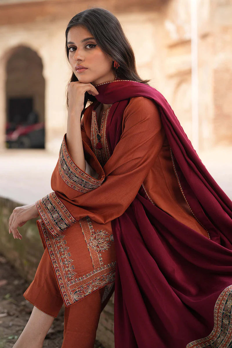 Jazmin-3PC DHANAK EMBROIDERED SHIRT WITH TWILL PRINTED SHAWL AND TROUSER
