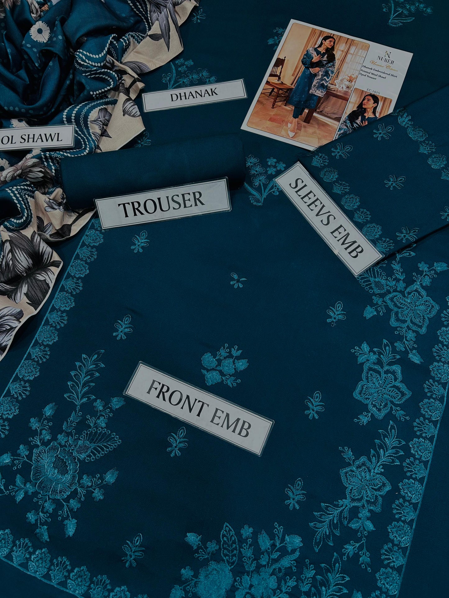 NUREH 3 Piece Dhanak Marina with Printed wool Shawl