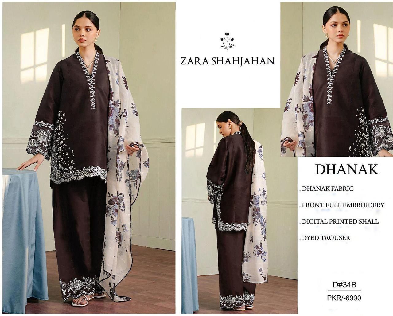 Coco by Zara Shah Jahan 3 Piece Dhanak Marina with Printed wool Shawl