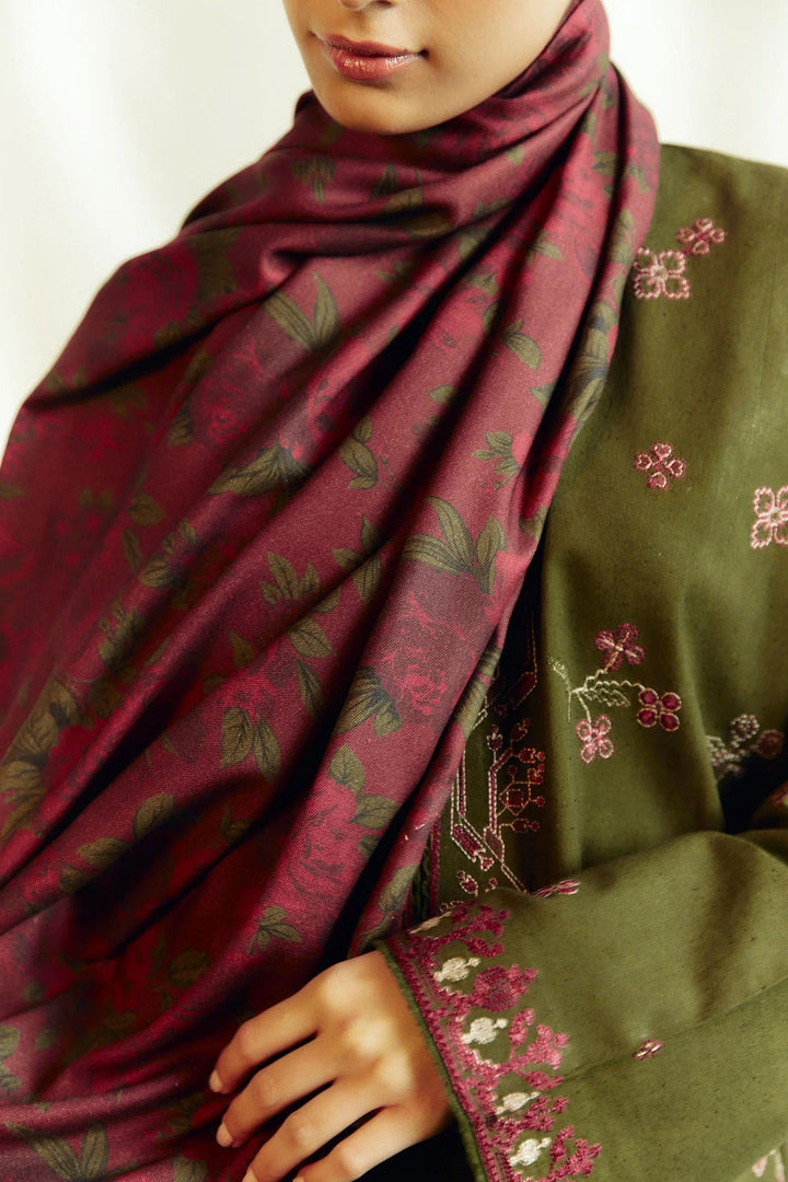 ZARA SHAHJAHAN - 3PC DHANAK EMBROIDERED SHIRT WITH TWILL PRINTED SHAWL AND TROUSER