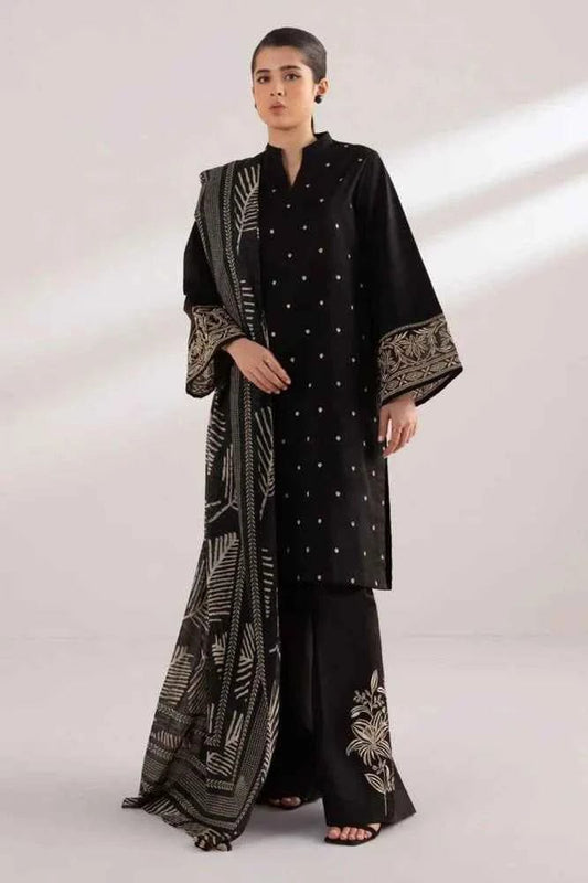 Sapphire-3PC DHANAK EMBROIDERED SHIRT WITH TWILL PRINTED SHAWL AND TROUSER