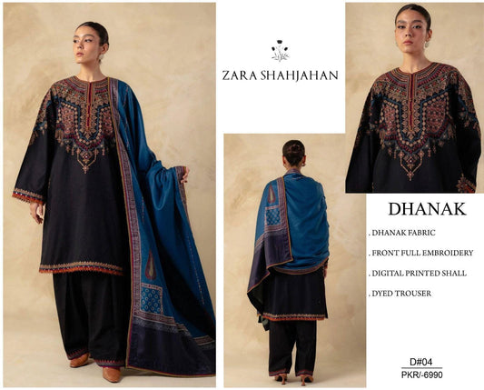 Zara Shahjahan Dhanak 3 Pc Heavy Embroidery with wool Shawl