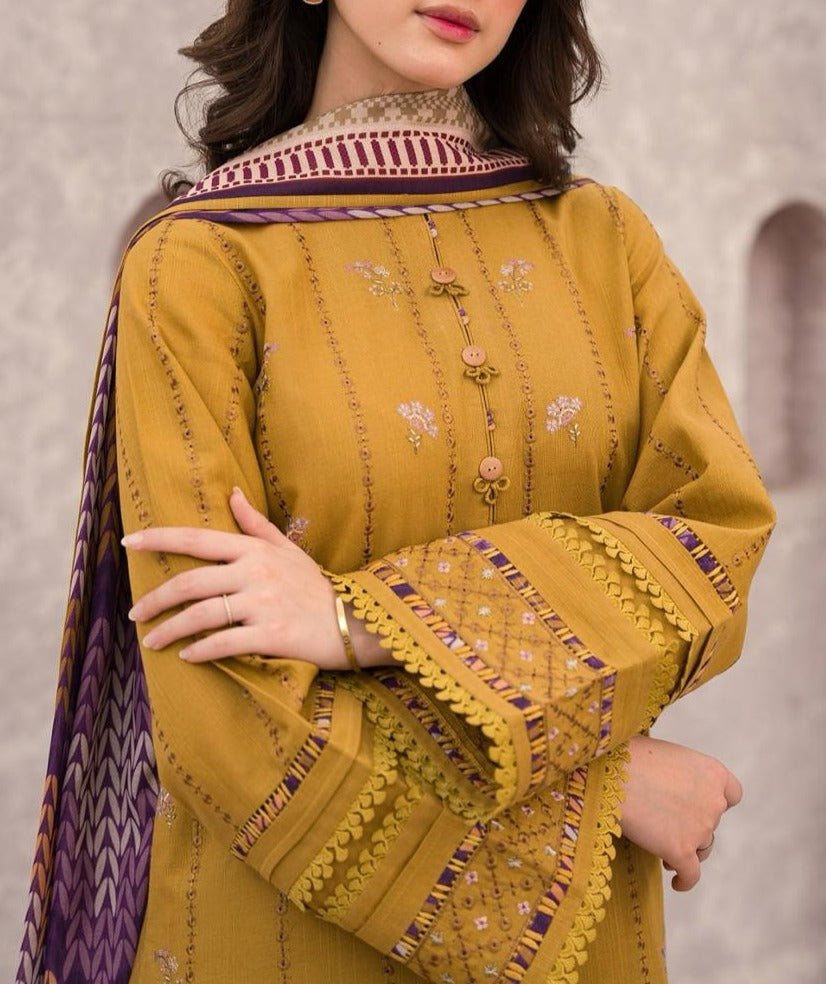 ZARA SHAHJAHAN - 3PC DHANAK EMBROIDERED SHIRT WITH TWILL PRINTED SHAWL AND TROUSER