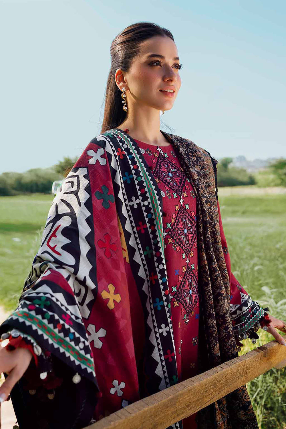 Nishat-3PC DHANAK EMBROIDERED SHIRT WITH TWILL PRINTED SHAWL AND TROUSER