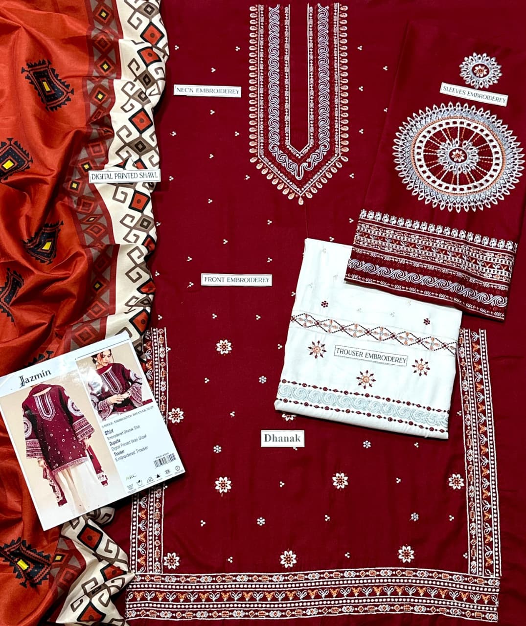 Jazzmin 3 Piece Dhanak Marina with Printed wool Shawl