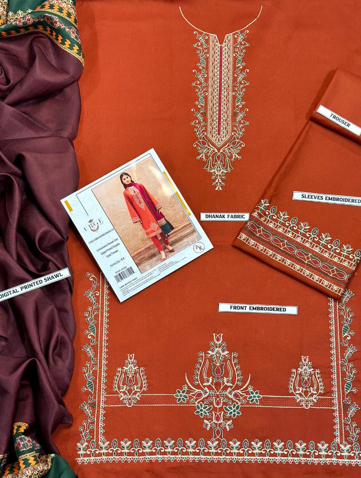 Jazmin-3PC DHANAK EMBROIDERED SHIRT WITH TWILL PRINTED SHAWL AND TROUSER