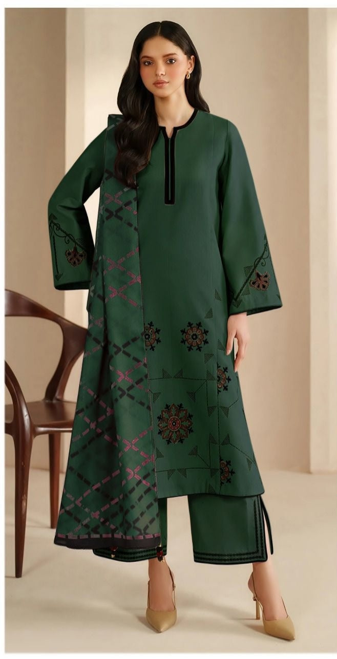 Jazmin-3PC DHANAK EMBROIDERED SHIRT WITH TWILL PRINTED SHAWL AND TROUSER