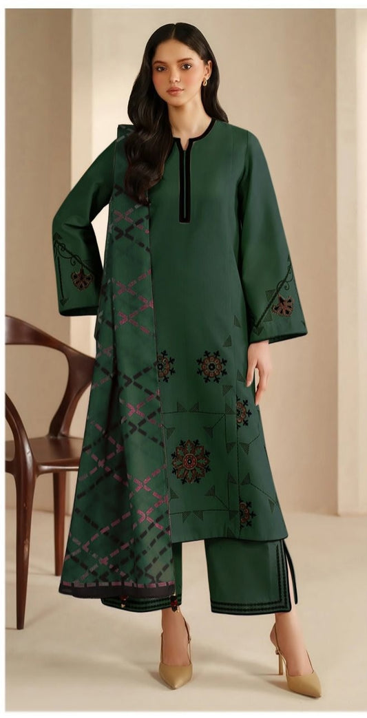 Jazmin-3PC DHANAK EMBROIDERED SHIRT WITH TWILL PRINTED SHAWL AND TROUSER