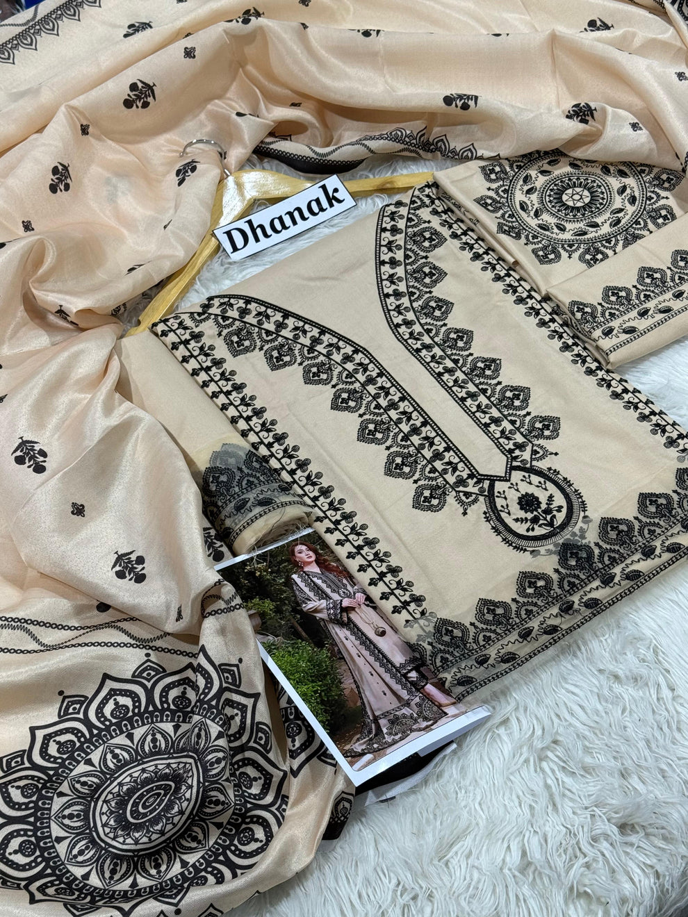 ANEELAS- 3PC DHANAK EMBROIDERED SHIRT WITH TWILL PRINTED SHAWL AND TROUSER