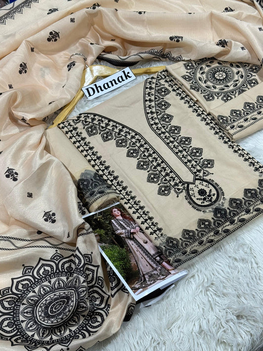 ANEELAS- 3PC DHANAK EMBROIDERED SHIRT WITH TWILL PRINTED SHAWL AND TROUSER