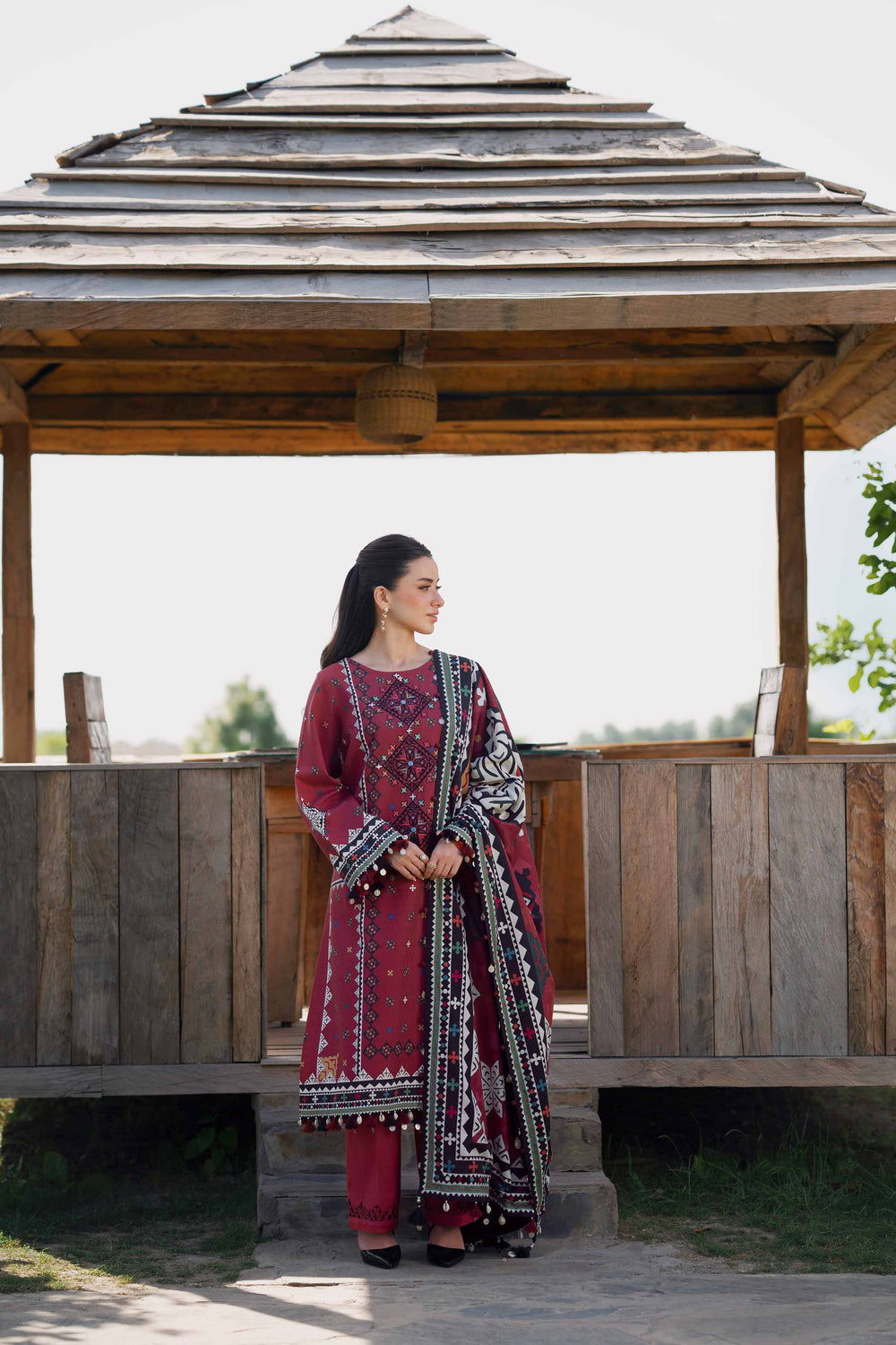 Nishat-3PC DHANAK EMBROIDERED SHIRT WITH TWILL PRINTED SHAWL AND TROUSER