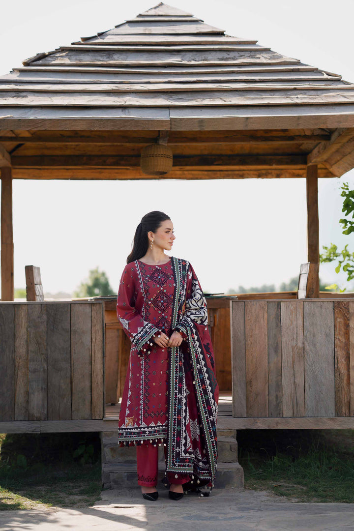 Nishat-3PC DHANAK EMBROIDERED SHIRT WITH TWILL PRINTED SHAWL AND TROUSER