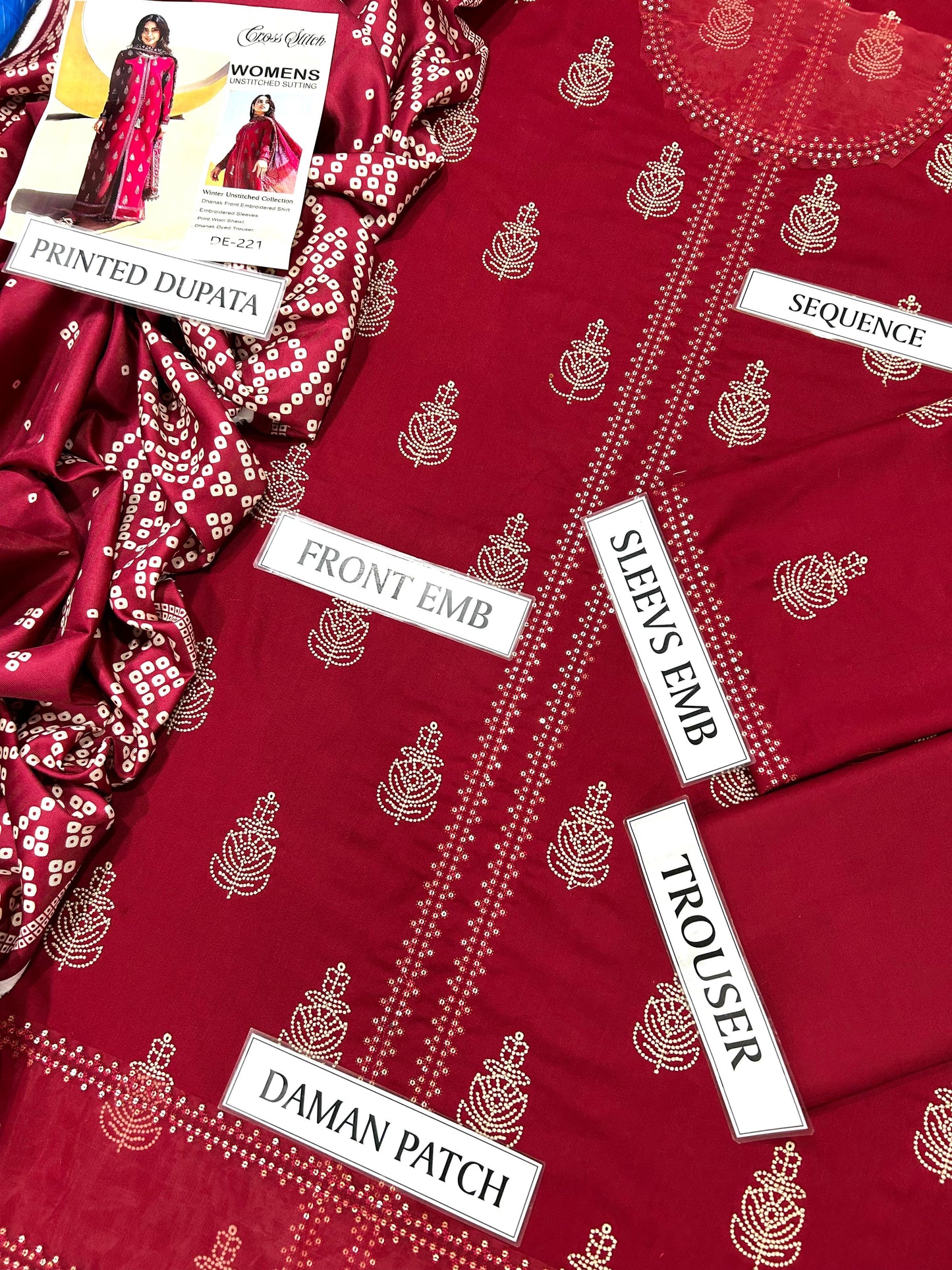 Cross Stitch 3 Piece Dhanak Marina with Printed wool Shawl