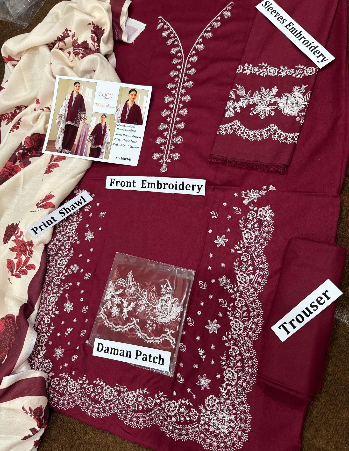 Coco by Zara Shah Jahan 3 Piece Dhanak Marina with Printed wool Shawl