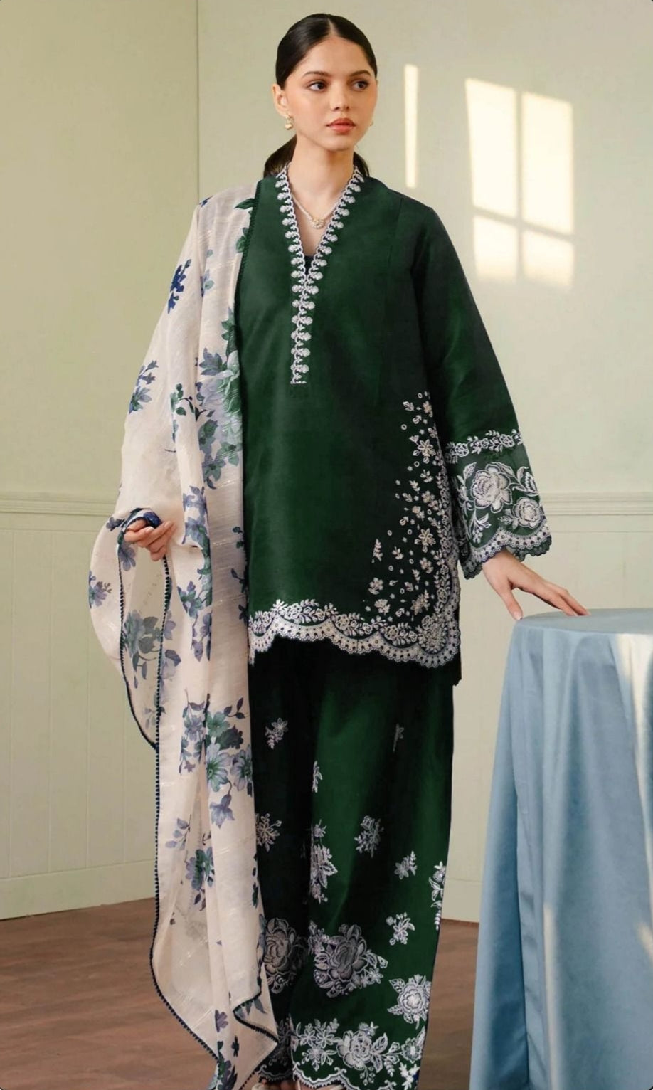 Coco Zara Shahjahan 3 Piece Dhanak Marina with Printed wool Shawl