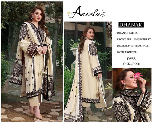 ANEELAS- 3PC DHANAK EMBROIDERED SHIRT WITH TWILL PRINTED SHAWL AND TROUSER