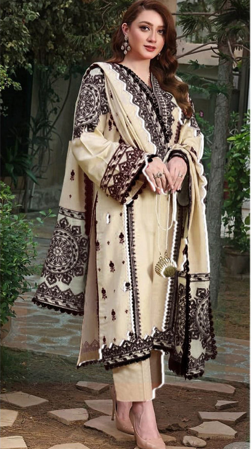 ANEELAS- 3PC DHANAK EMBROIDERED SHIRT WITH TWILL PRINTED SHAWL AND TROUSER